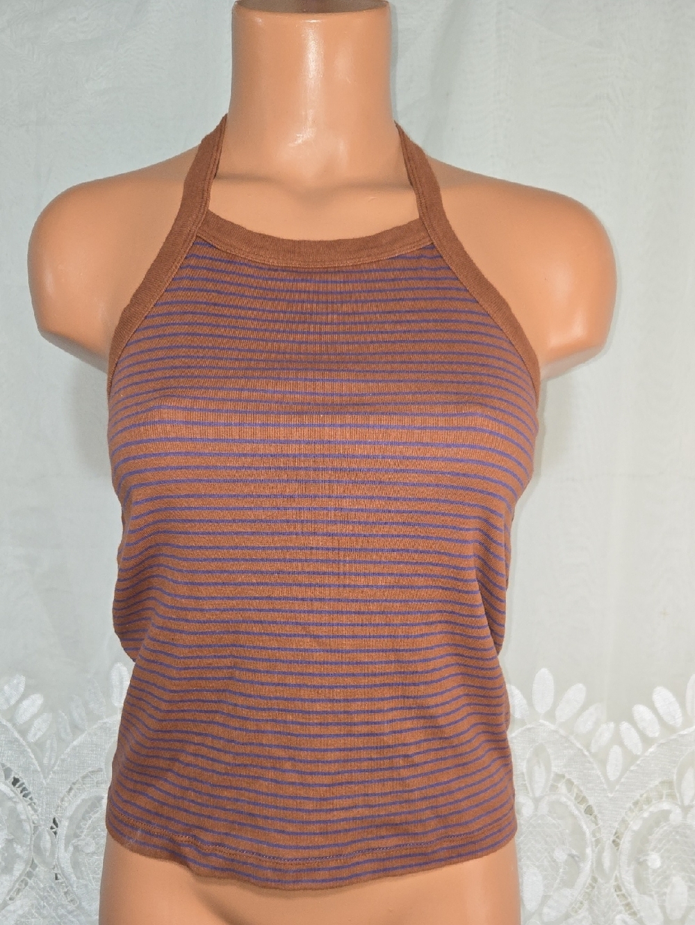 Gilded Intent Brown and Blue Striped Halter Tank Top Sz Large